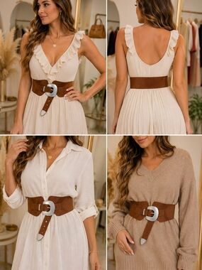 Wide Suede Waist Belt with Large Silver Buckle - Brown